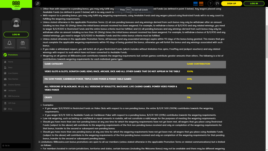 888 Casino Game Weightings